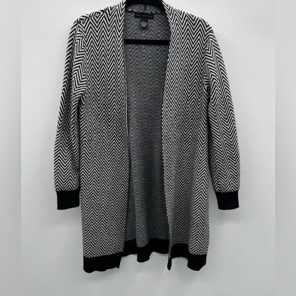 Joan Vass black/white chevron mid length open classic career front cardigan M